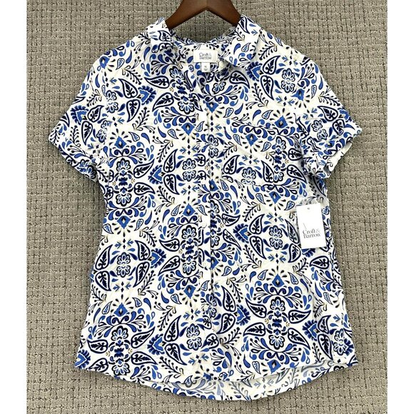 Croft & Barrow Shirt Womens Size XS White Blue Button Up Short Sleeve Paisley - Picture 1 of 10